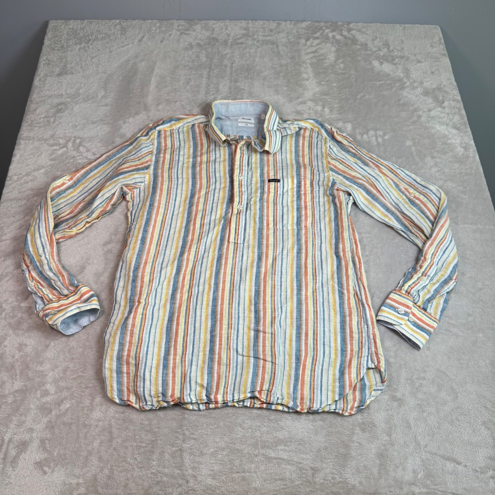 Faconnable Club Men Large L Multi-Color Striped 100% Linen Popover Button Shirt